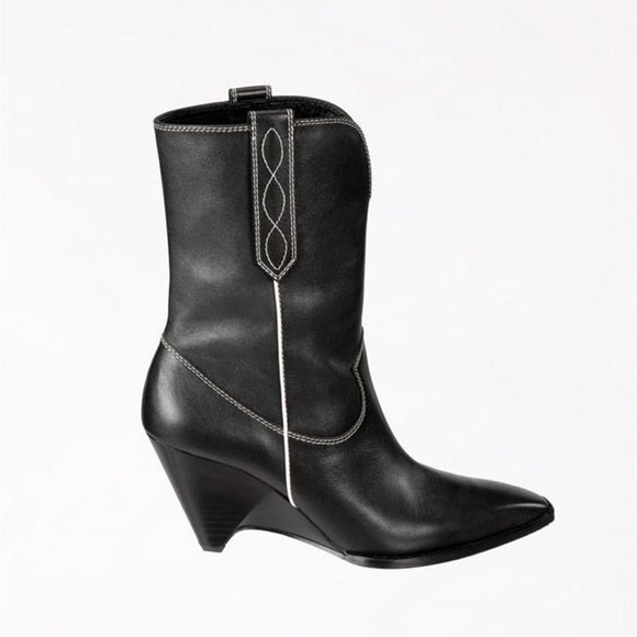 NEW Zara SRPLS Black Leather Western Boots Sculptural Wedge Heel Sz 7